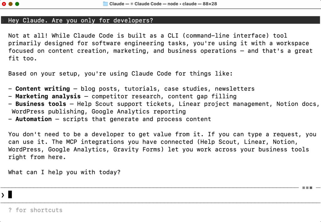 Claude Code terminal window displaying a welcome message that describes the tool as a CLI built for software engineering but being used for content creation, marketing, and business operations, with a list of common tasks including content writing, marketing analysis, and WordPress publishing