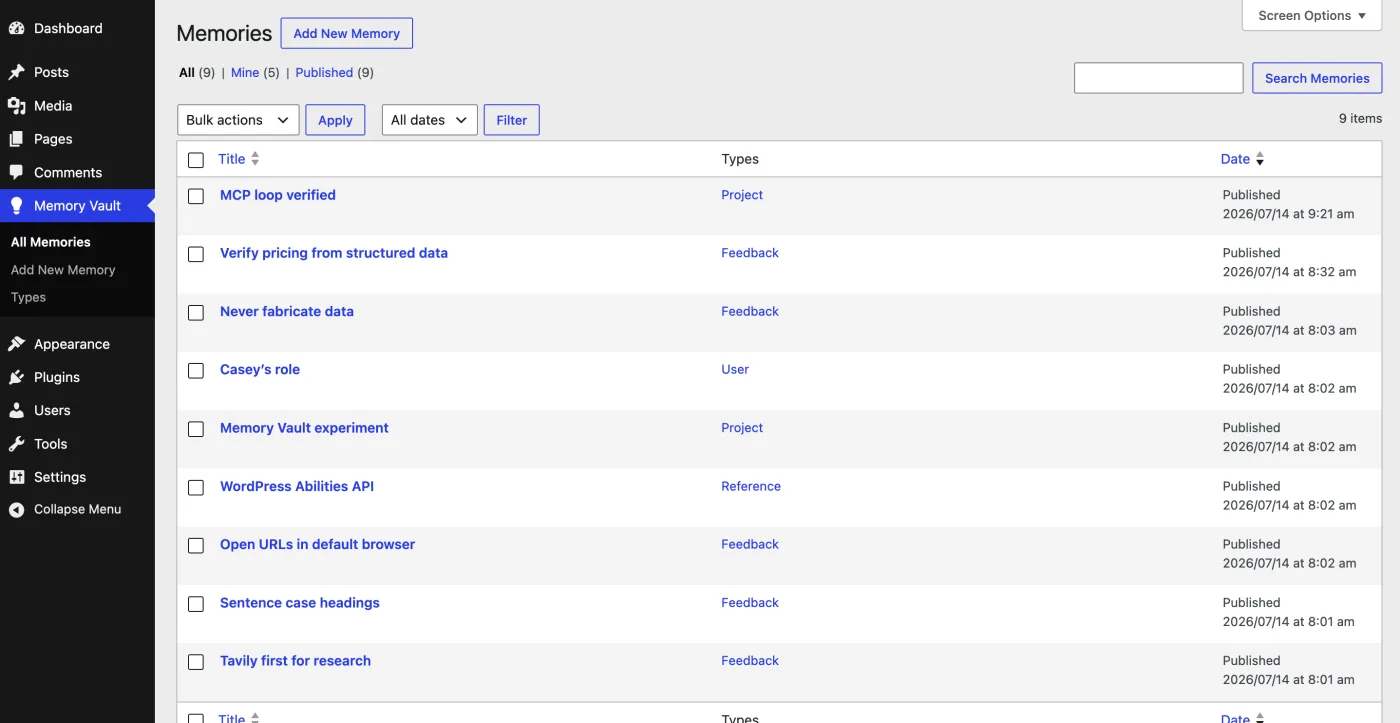 The WordPress admin showing the Memory Vault list of memories, each with a title, a type such as Project, Feedback, User, or Reference, and a date