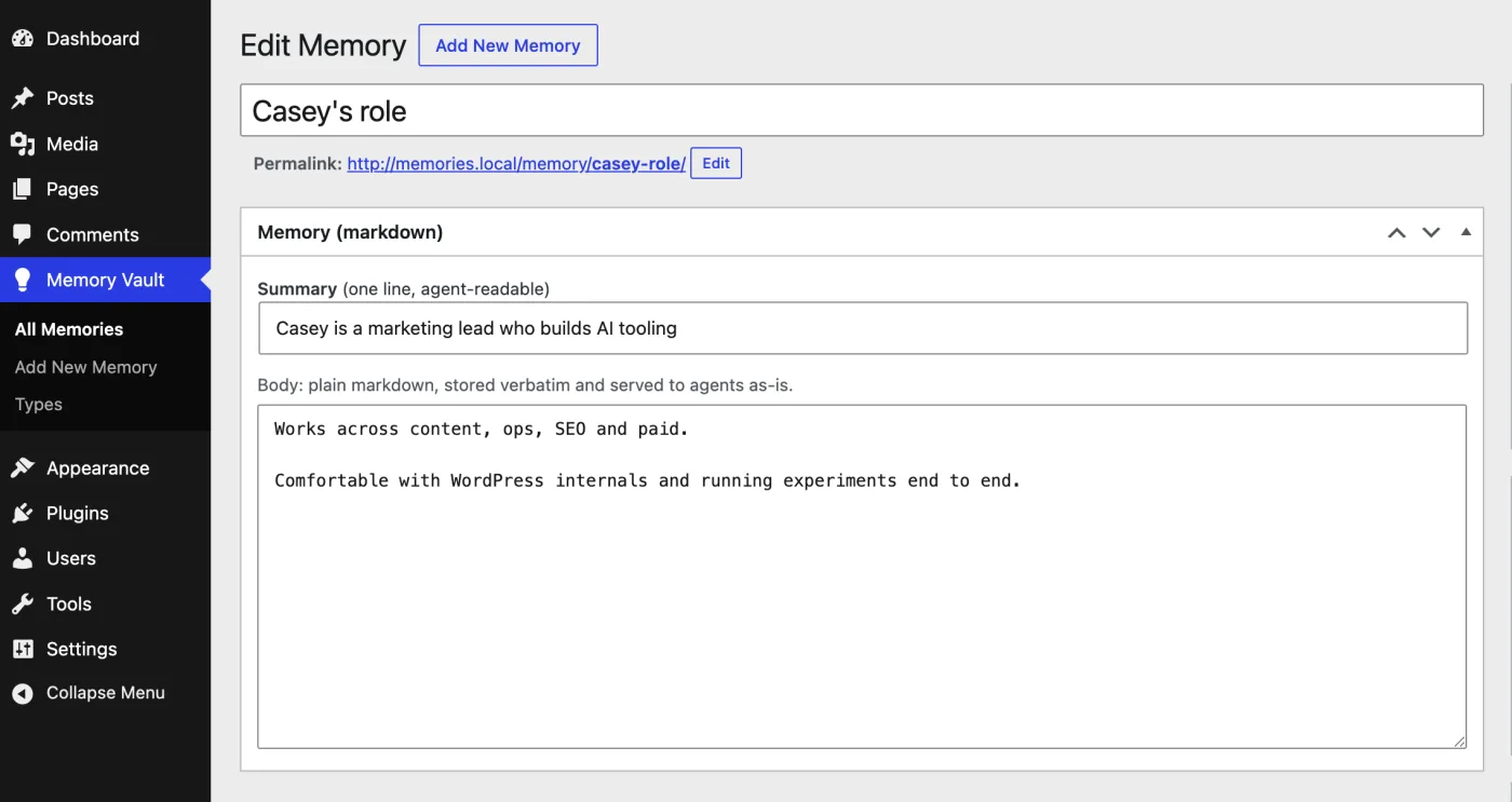 The edit screen for a single memory, showing a title field, a one-line summary field marked as agent-readable, and a plain markdown body field