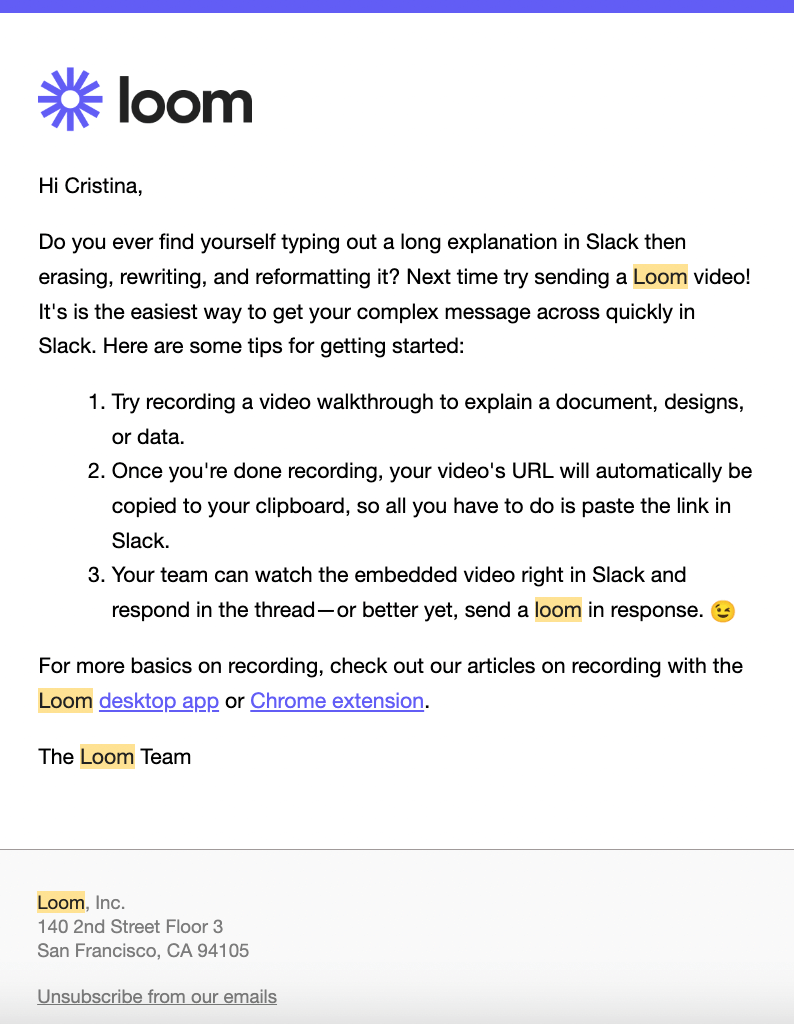 Loom welcome email