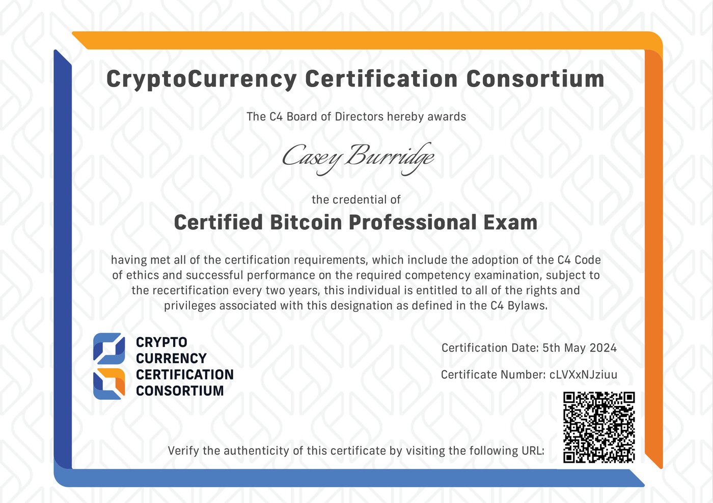 Certified Bitcoin Professional certificate issued to Casey Burridge