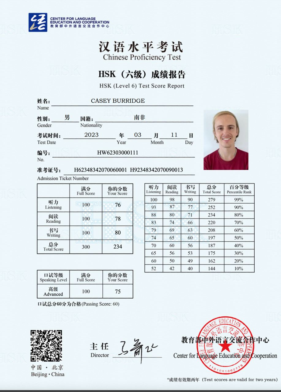 HSK6 advanced Chinese proficiency certificate issued to Casey Burridge