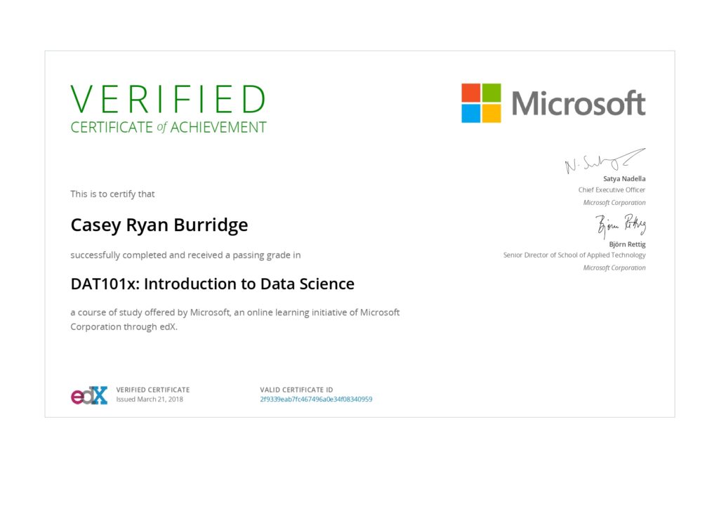 Microsoft DAT101x certificate