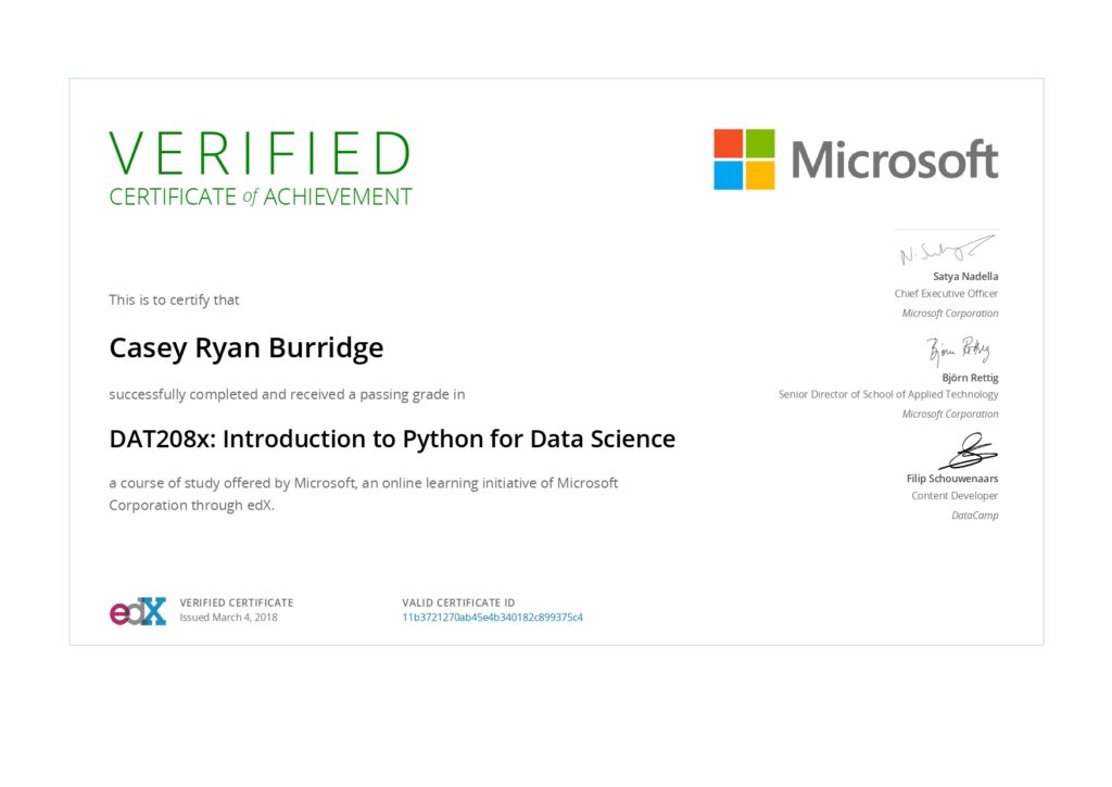 Microsoft DAT208x certificate