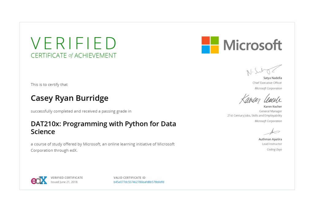 Microsoft DAT210x certificate